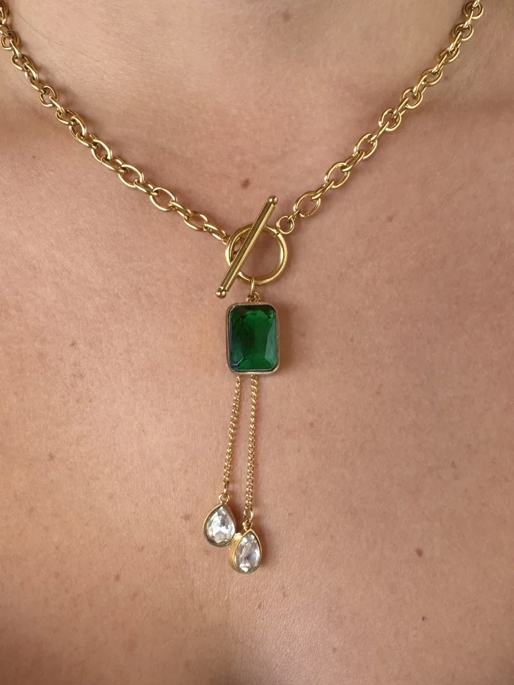 Ατσάλινο Χρυσό Κολιέ toggle με Κρεμαστό Πράσινο Κρύσταλλο