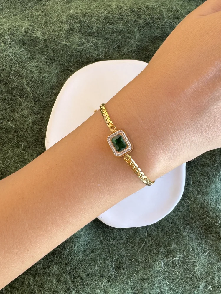 Ατσάλινο Χρυσό Βραχιόλι Αλυσίδα με Πράσινη Τετράγωνη Πέτρα και zircon