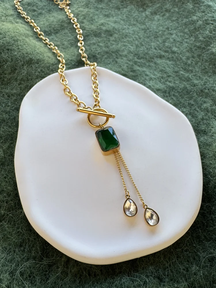 Ατσάλινο Χρυσό Κολιέ toggle με Κρεμαστό Πράσινο Κρύσταλλο
