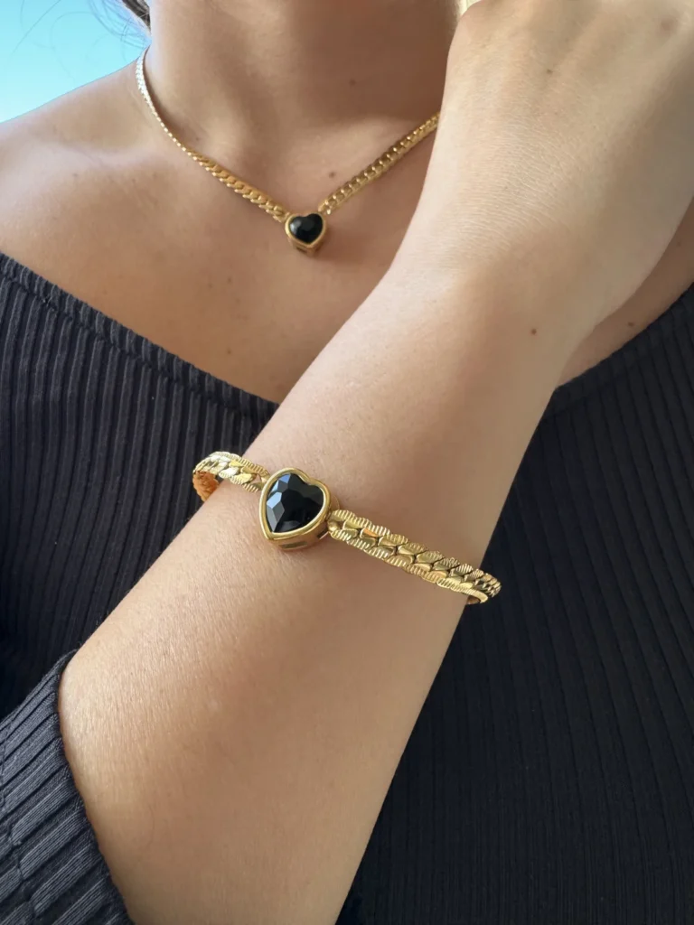 Ατσάλινο Βραχιόλι gourmette με Μαύρη Καρδιά