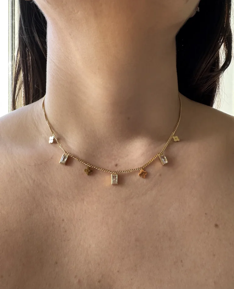 Ατσάλινο Χρυσό Κολιέ με Σταυρούς και Ορθογώνια Κρύσταλλα