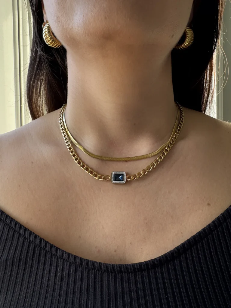 Ατσάλινο Σετ Κολιέ Διπλής Αλυσίδας με Μπλε Πέτρα και Μικρά Ζιργκόν