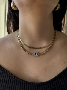 Ατσάλινο Σετ Κολιέ Διπλής Αλυσίδας με Μπλε Πέτρα και Μικρά Ζιργκόν