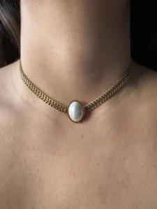 Χρυσό choker με Χρυσή Αλυσίδα και Οβάλ Πέρλα
