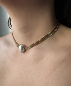 Χρυσό choker με Χρυσή Αλυσίδα και Οβάλ Πέρλα