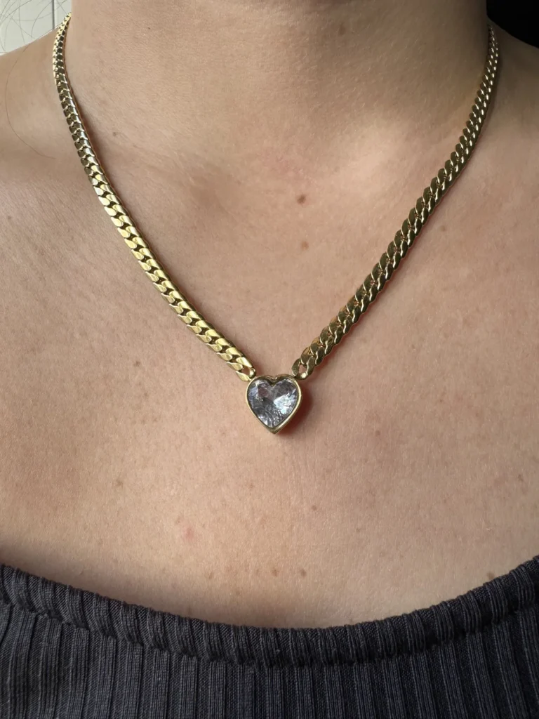 Ατσάλινο Κολιέ Αλυσίδα gourmette με Διάφανη Καρδιά