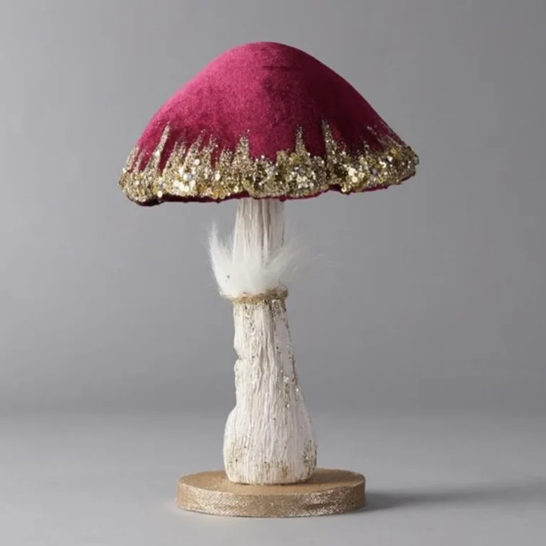 Χριστουγεννιάτικο Καφέ Γκρί Διακοσμητικό Μανιτάρι με Χρυσό Γκλίτερ & faux Γούνα