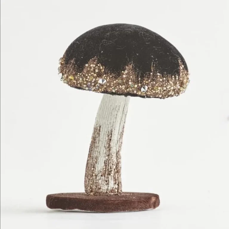 Χριστουγεννιάτικο Καφέ Γκρί Διακοσμητικό Μανιτάρι με Χρυσό Γκλίτερ & faux Γούνα