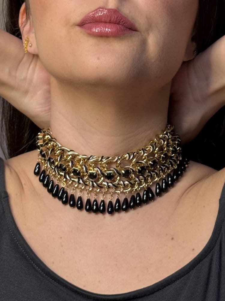 noir royale Μετατρεπόμενο Κολιέ / choker με Χρυσή Αλυσίδα & Μαύρα Στοιχεία
