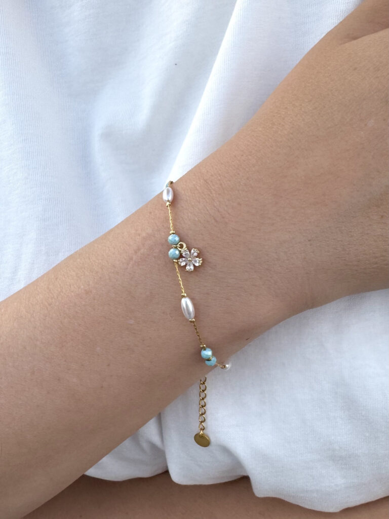 Ατσάλινο Βραχιόλι με baby blue Κρύσταλλα και Πέρλες